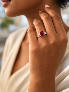Gold Ring with Ruby Red Center and Pavé Stones